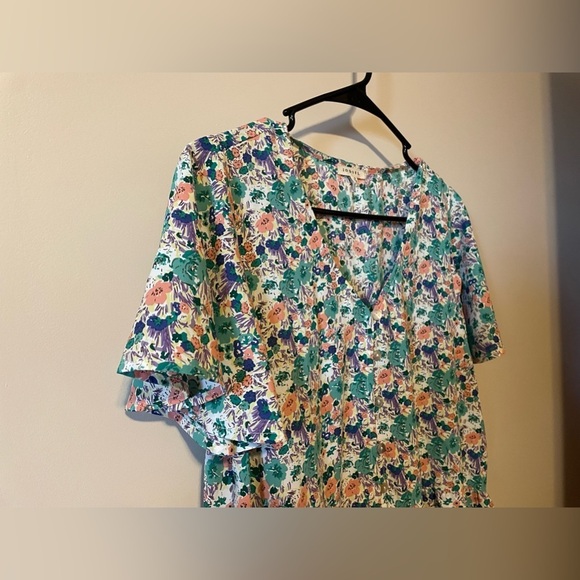 JODIFL Floral Teal/Pink Short Flutter Sleeve Dress Button Front Tiered Small - Picture 6 of 11